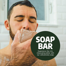 Dr. Squatch Birchwood Breeze bar in shower setting showing effective cleansing during use