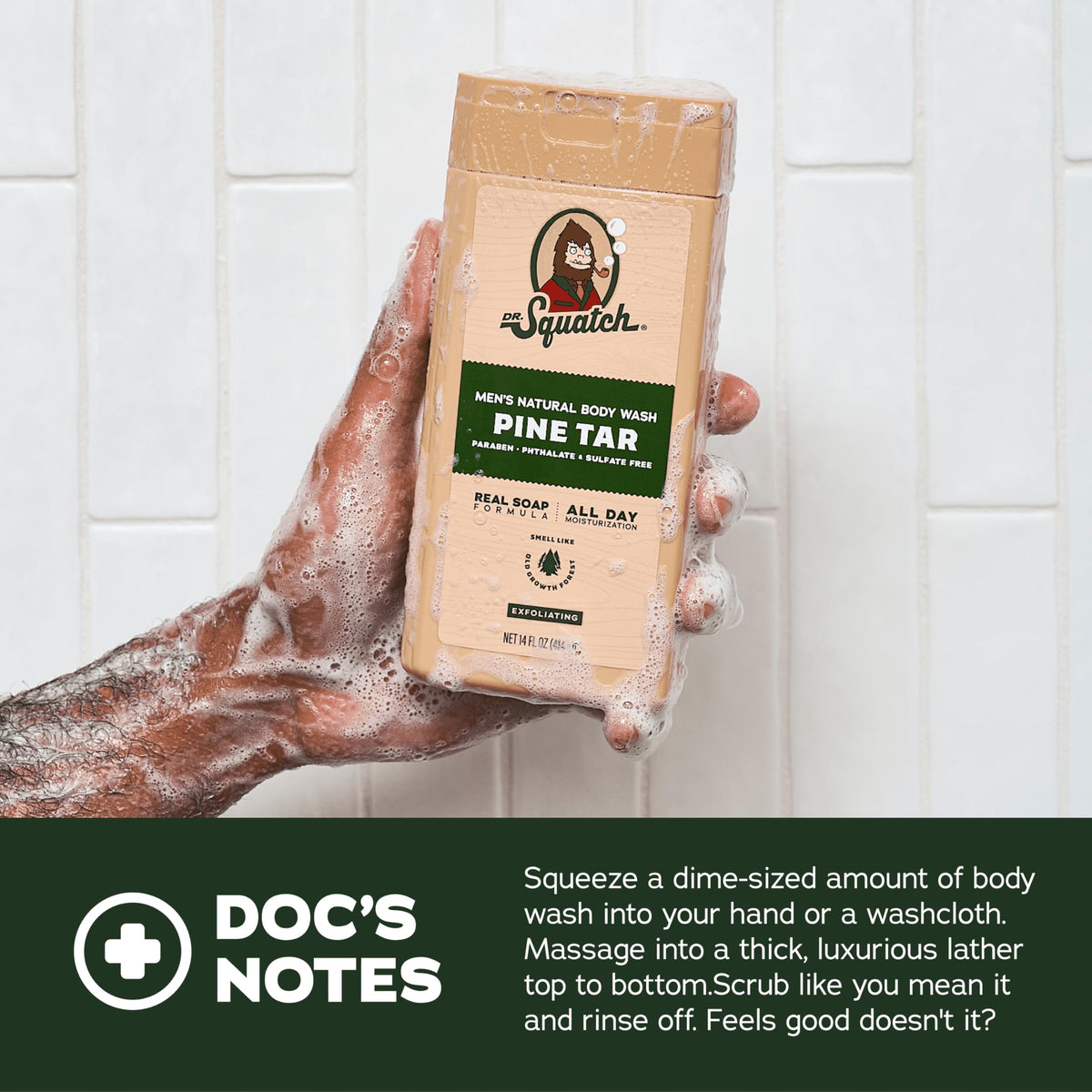 Dr. Squatch body wash pump dispensed into hand for easy lathering benefit