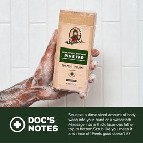Dr. Squatch body wash pump dispensed into hand for easy lathering benefit