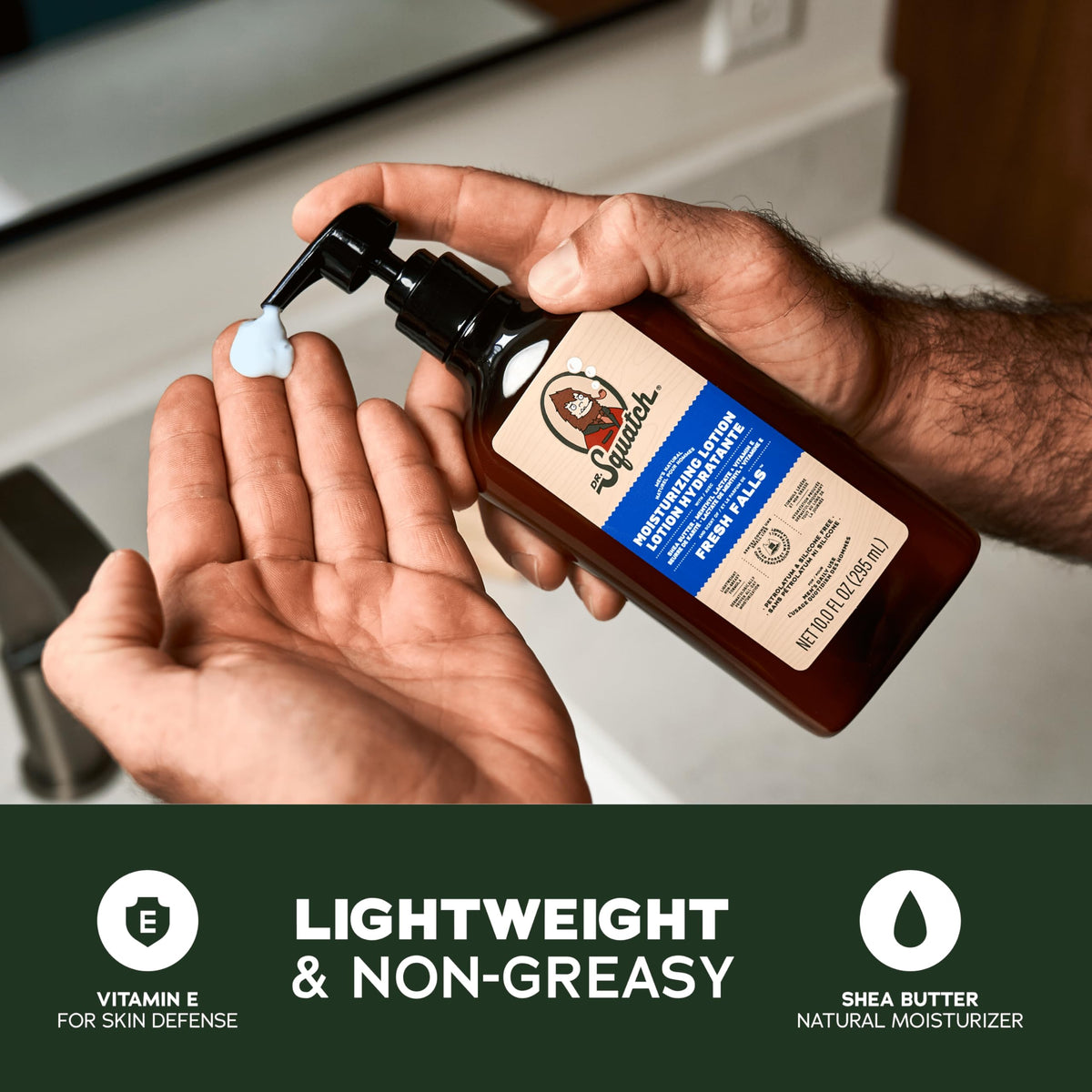 Dr. Squatch close-up of pump and label showing product details and easy dispensing