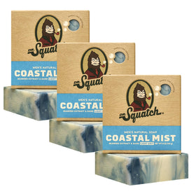 Dr. Squatch front packaging showing three Coastal Mist bars and scent