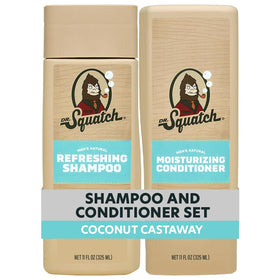 dr. squatch front packaging showing bottles and coconut scent benefit