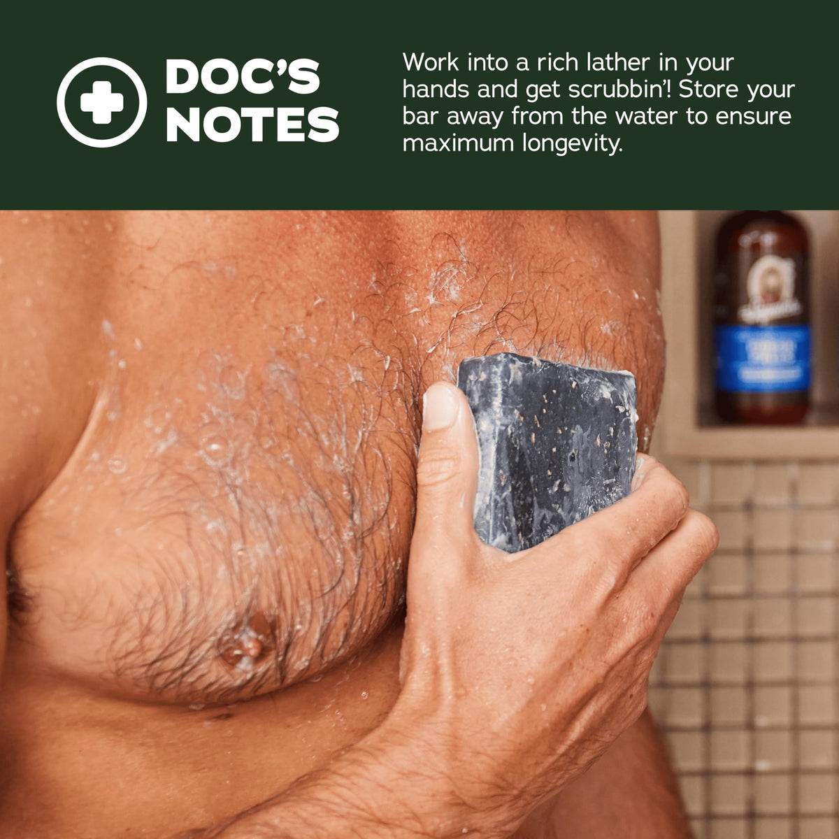 Dr. Squatch Cool Fresh Aloe bar in shower demonstrating soothing cleanse