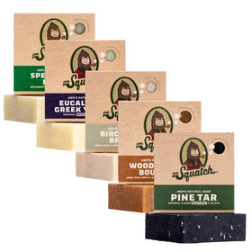 dr. squatch five-pack front packaging showing all scent labels and benefits