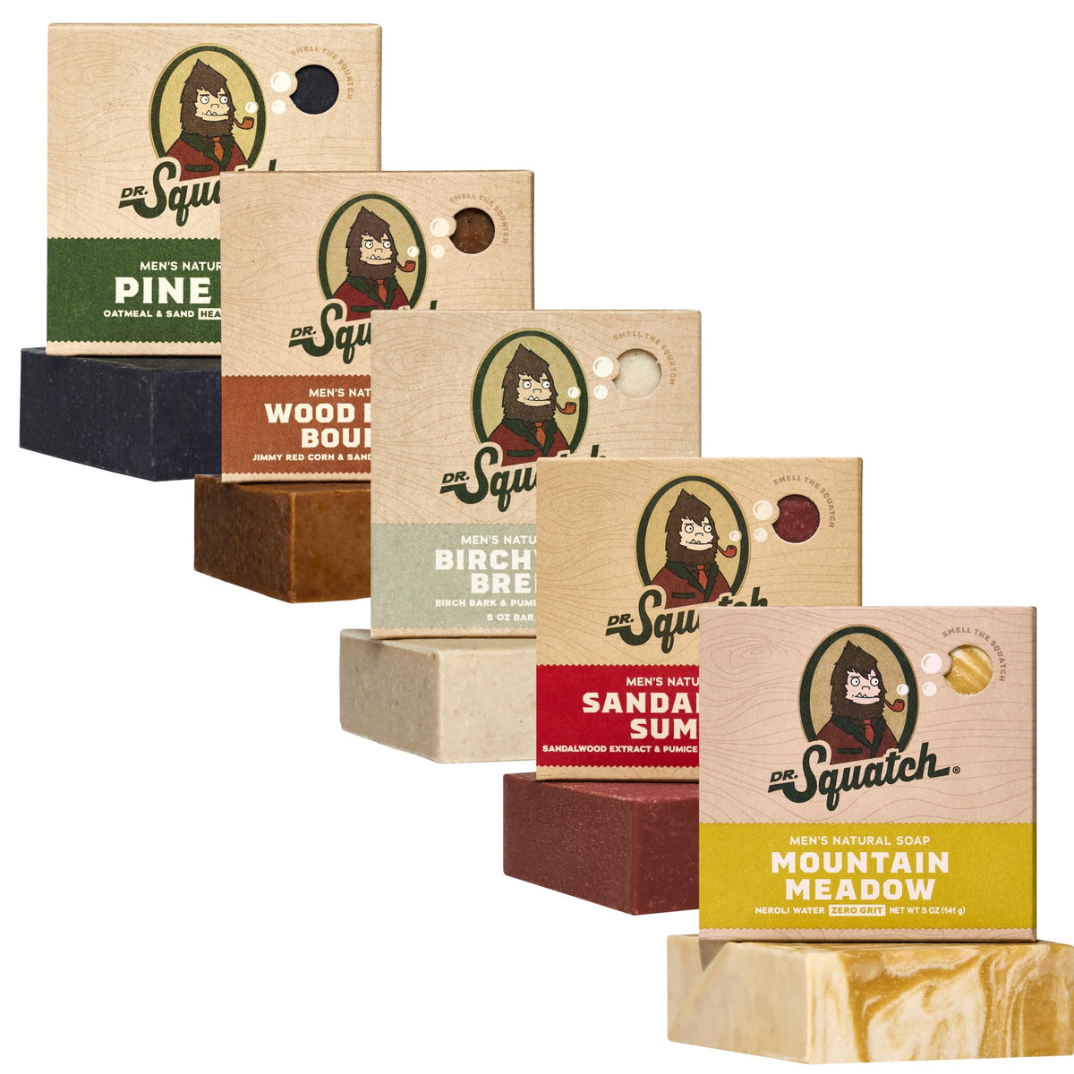 Dr. Squatch five-pack front packaging showing all five scent labels and gift-ready box
