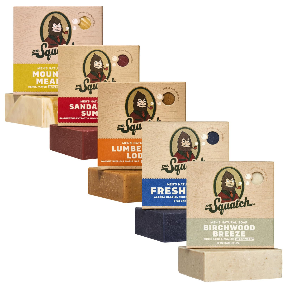 Dr. Squatch five-pack front packaging showing all five scents and gift-ready presentation