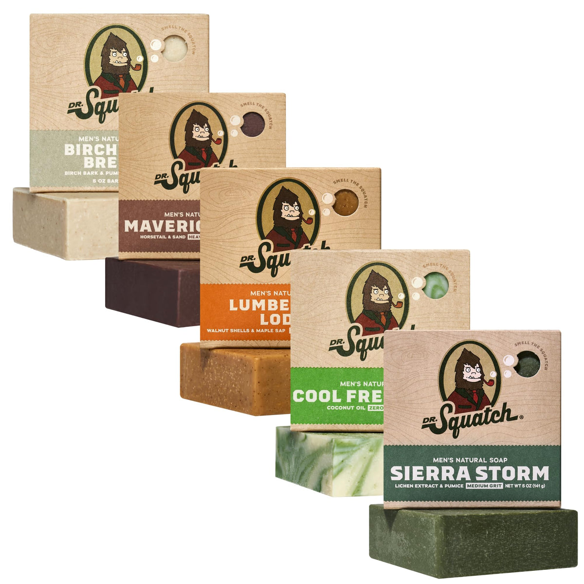 Dr. Squatch five-pack front packaging showing all five scent bars and labels, clear variety