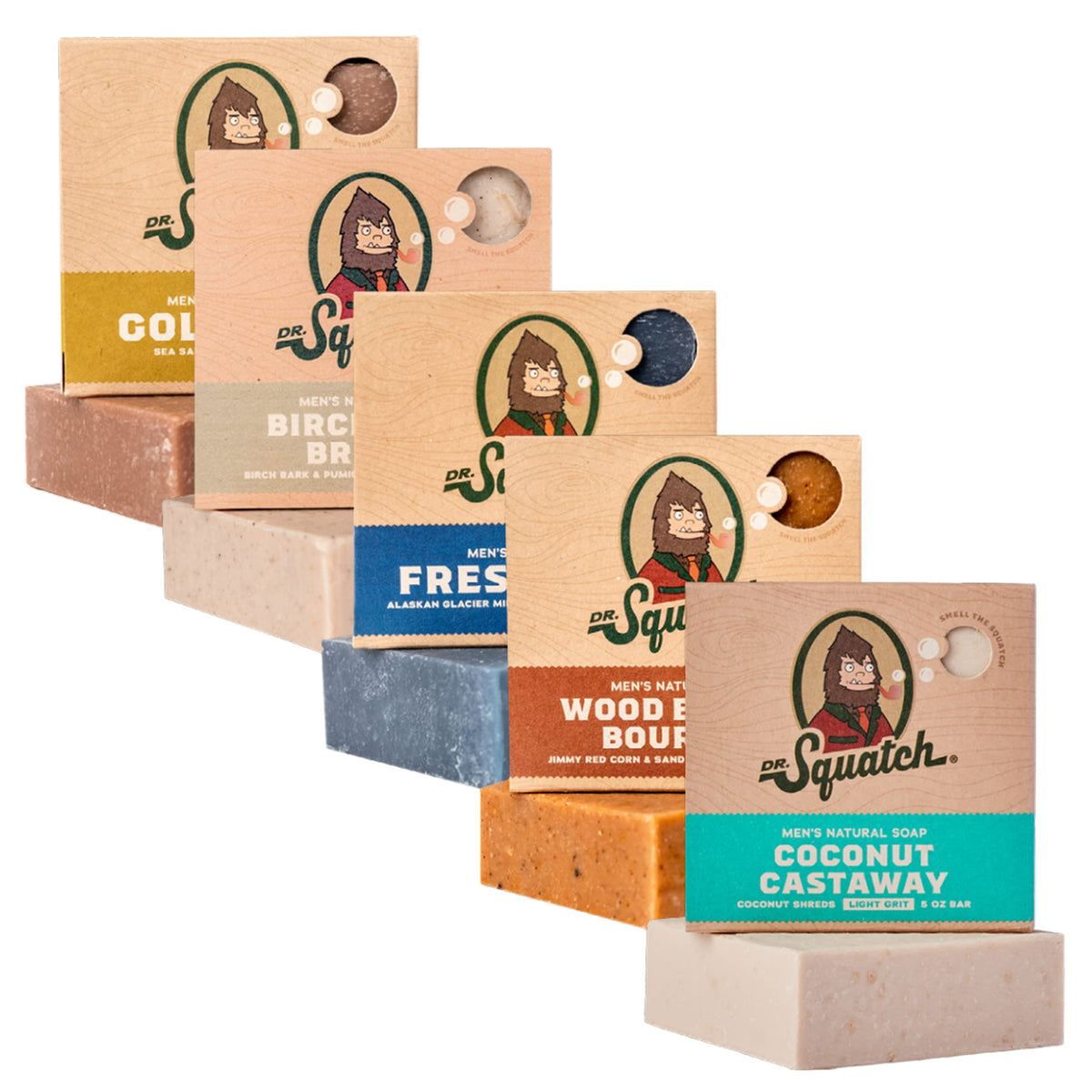 Dr. Squatch five-pack front packaging showing variety and gift-ready appeal