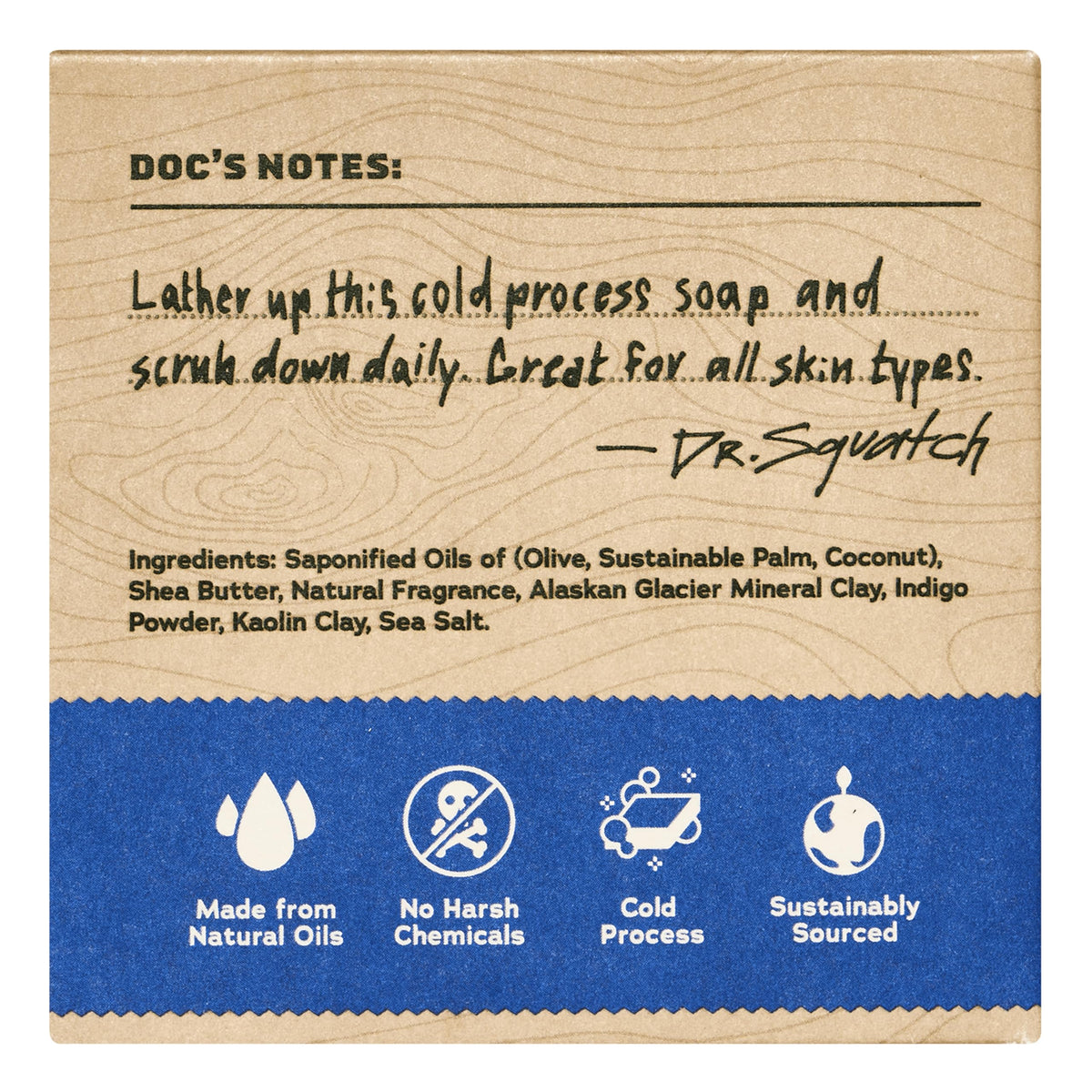 Dr. Squatch bar close-up showing texture and clean-exfoliating benefit