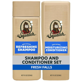 Dr. Squatch Fresh Falls front packaging showing two 11 fl oz bottles and benefits