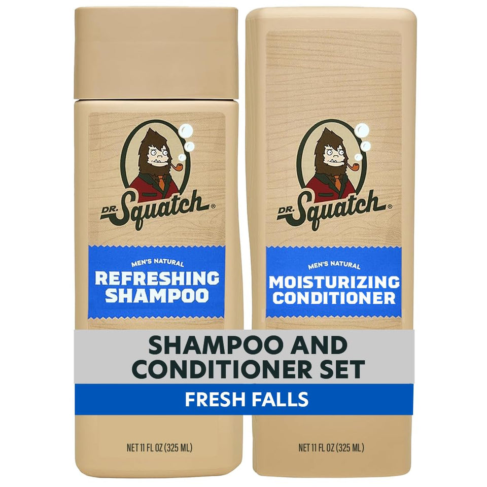 Dr. Squatch Fresh Falls front packaging showing two 11 fl oz bottles and benefits