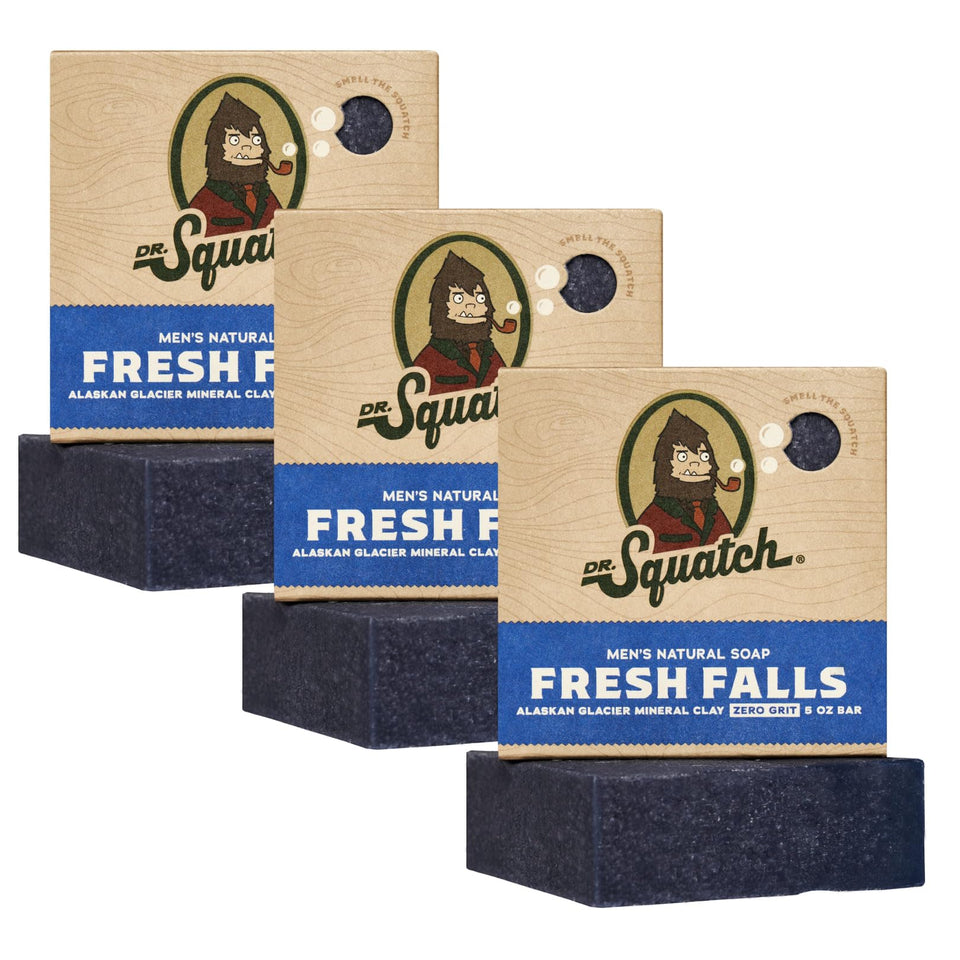 Dr. Squatch front packaging showing three Fresh Falls bars and branding benefit