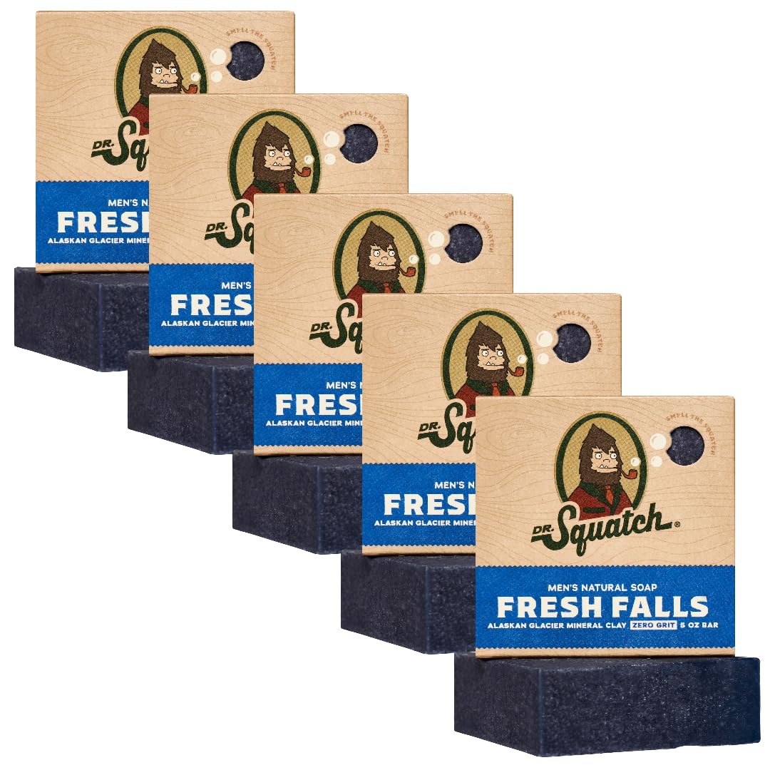 Dr. Squatch Fresh Falls front packaging showing five natural bars and brand logo benefits gentle cleanse