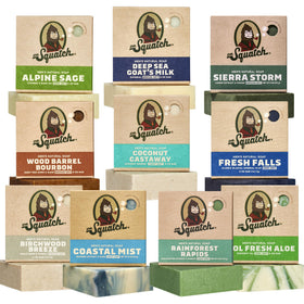 Dr. Squatch front packaging showing ten assorted bars and bold branding benefit variety