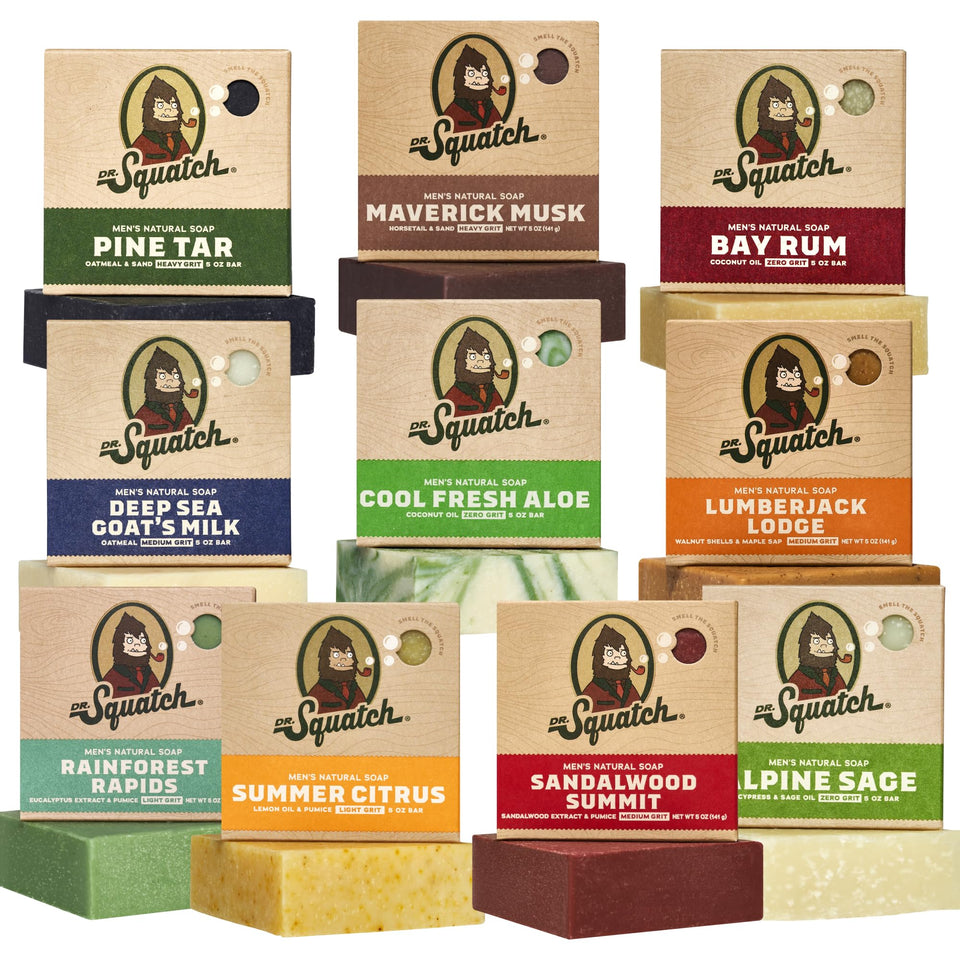 Dr. Squatch front packaging showing 10-pack and scent variety, convenient gifting