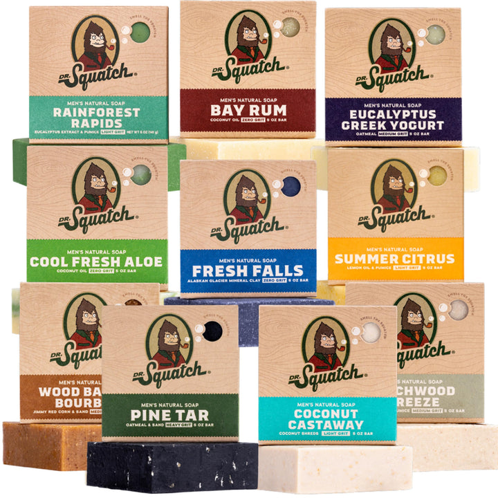 Dr. Squatch front packaging 10-pack showing scents and gift-ready box for easy gifting