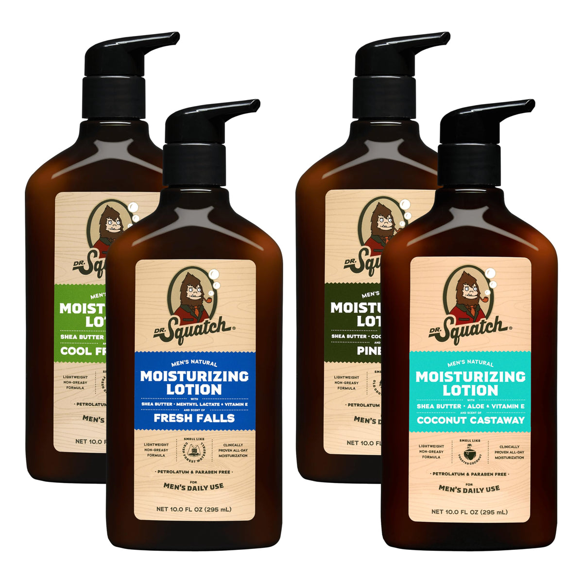 Dr. Squatch front view of 4-pack bottles showing scents and branding, highlights supply convenience