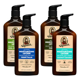 Dr. Squatch front view of 4-pack bottles showing scents and branding, highlights supply convenience