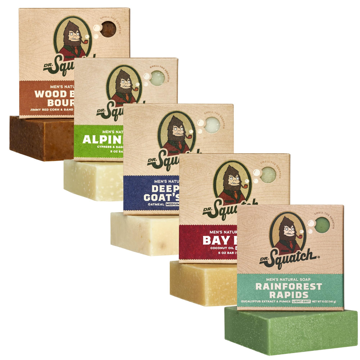 Dr. Squatch front packaging five-pack showing variety and convenience