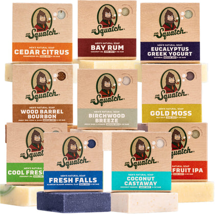Dr. Squatch front packaging showing bar soap variety and natural ingredients benefit