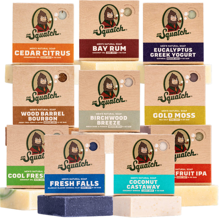 Dr. Squatch front packaging showing bar soap variety and natural ingredients benefit
