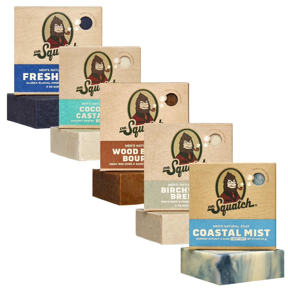 Dr. Squatch five-pack front packaging showing all five scents and gift-ready presentation for convenience