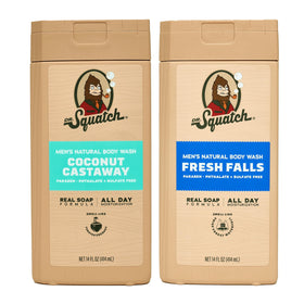 Dr. Squatch front packaging showing Fresh Falls and Coconut Castaway bottles and clear branding