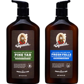 dr. squatch front packaging showing Pine Tar and Fresh Falls scents and easy dispensing