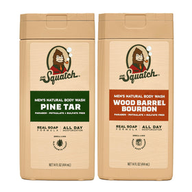 Dr. Squatch front packaging showing two 14 oz bottles and rugged scent benefit