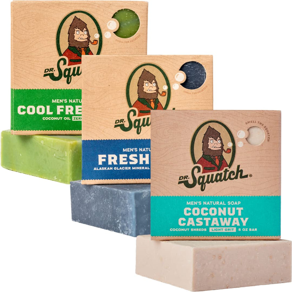 Dr. Squatch front packaging showing three bars and gift-ready appeal