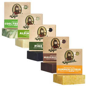 Dr. Squatch front packaging showing five-bar assortment and clear branding benefits convenience