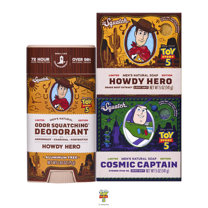 Dr. Squatch front packaging showing the Toy Story 3-pack and limited-edition design benefit: collectible gift