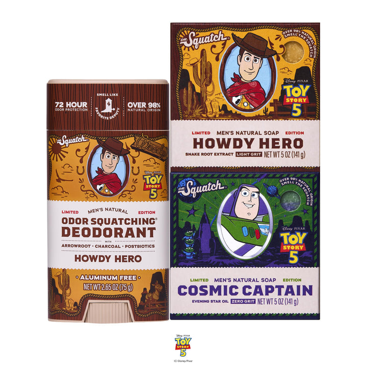 Dr. Squatch front packaging showing the Toy Story 3-pack and limited-edition design benefit: collectible gift