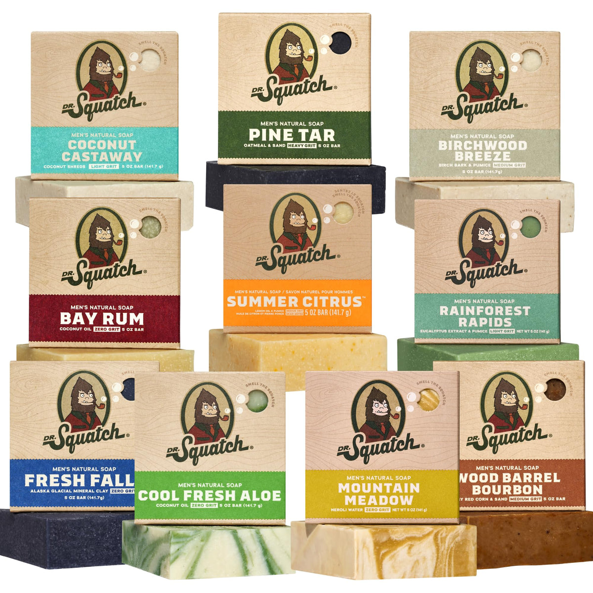 Dr. Squatch front packaging showing ten assorted bars and bold branding benefit: easy selection