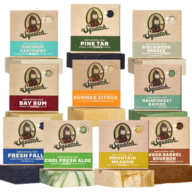 Dr. Squatch front packaging showing ten assorted bars and bold branding benefit: easy selection