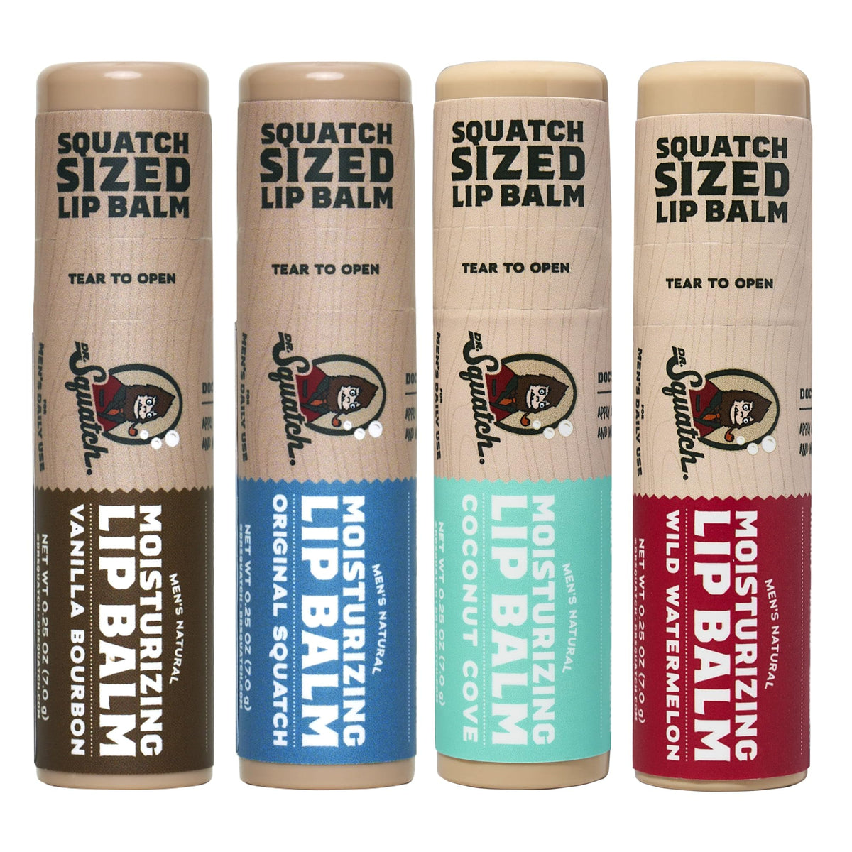 Dr. Squatch front packaging showing four-scent lip balm set and convenience