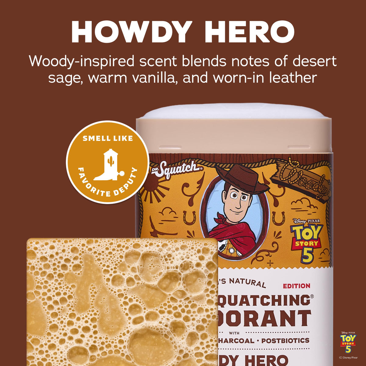 Dr. Squatch Howdy Hero soap bar front showing warm woody packaging and moisturizing benefit