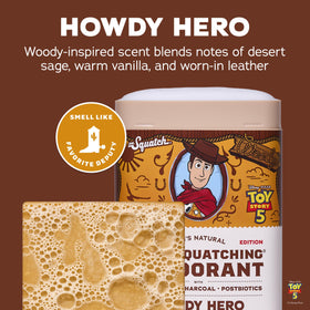 Dr. Squatch Howdy Hero soap bar front showing warm woody packaging and moisturizing benefit