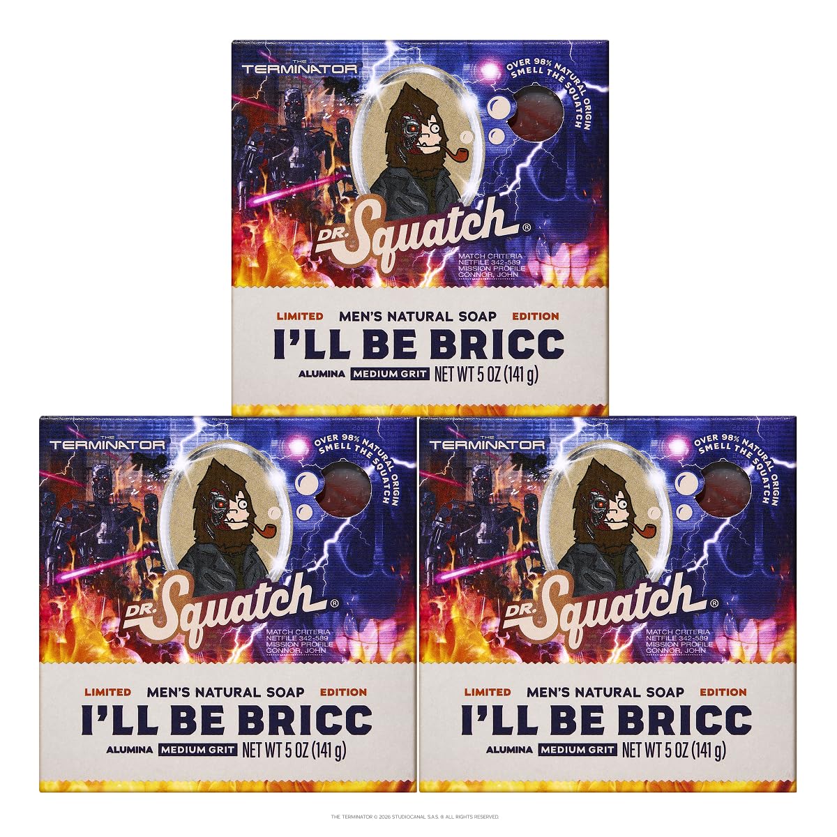 Dr. Squatch front packaging showing three I'll be Bricc bars and bold branding benefits