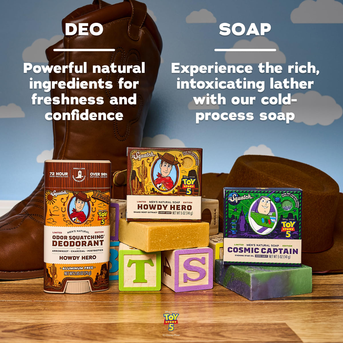 Dr. Squatch ingredients flatlay with coconut and shea butter benefit: natural moisturizing oils