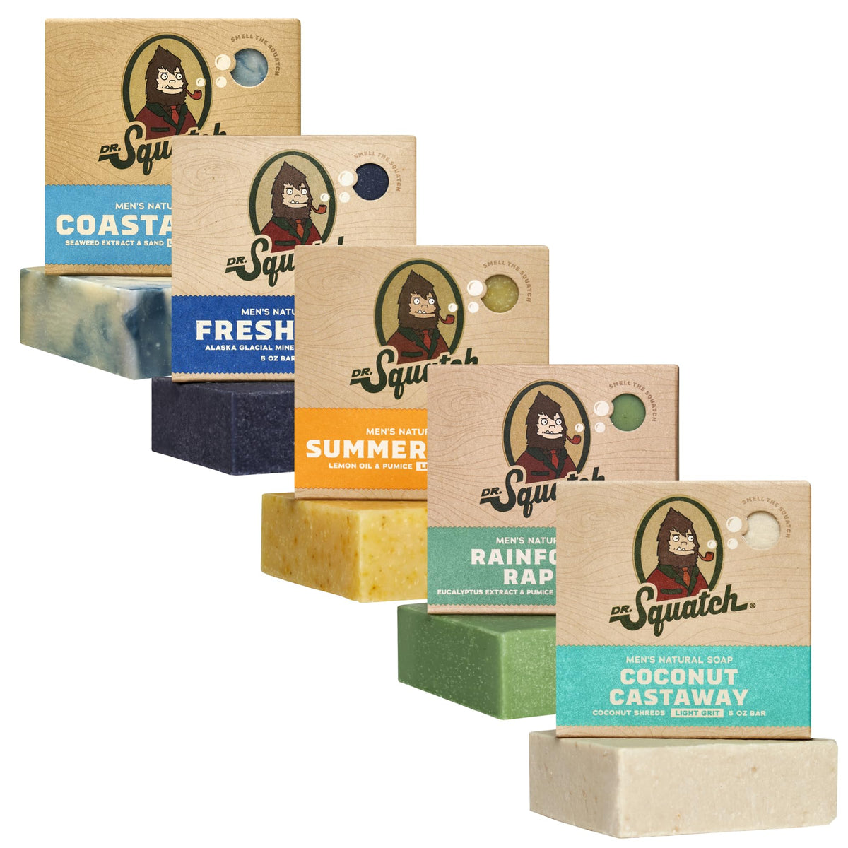 Dr. Squatch five-bar pack front view showing mixed scents and gift-ready box