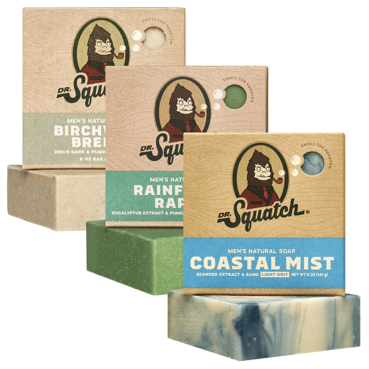 Dr. Squatch packaging front showing three-scent soap set and gift-ready appeal
