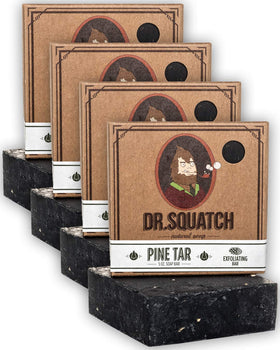 Dr. Squatch front-packaging showing four pine tar soap bars and bundle benefit
