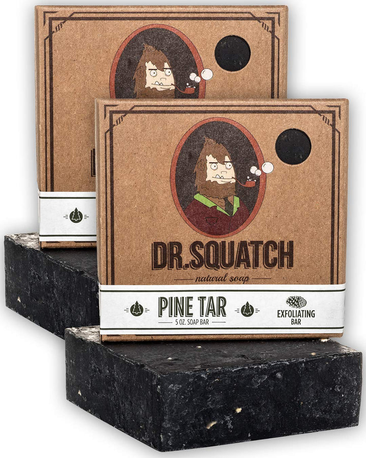 Dr. Squatch front packaging showing natural pine tar soap benefits