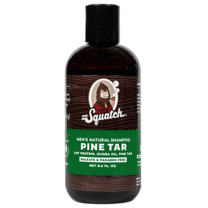 Dr. Squatch front packaging showing bottle and bold pine scent benefit