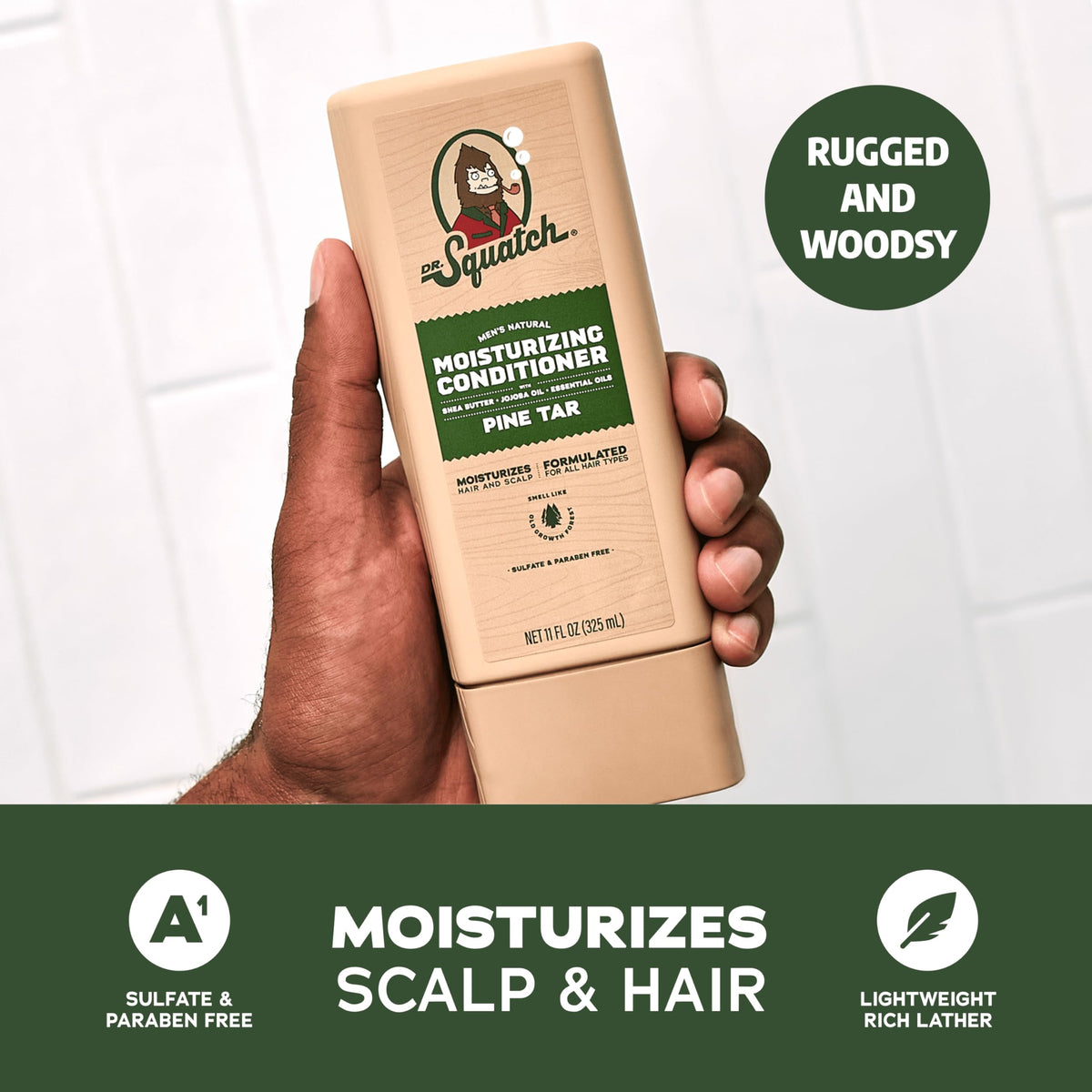 Dr. Squatch shampoo and conditioner in shower demonstrating easy use