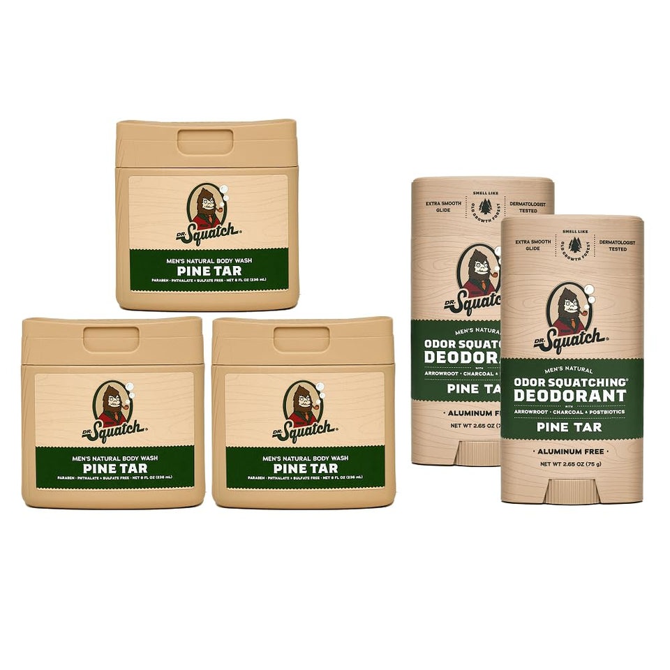 Dr. Squatch Pine Tar gift set front view showcasing contents and packaging benefits