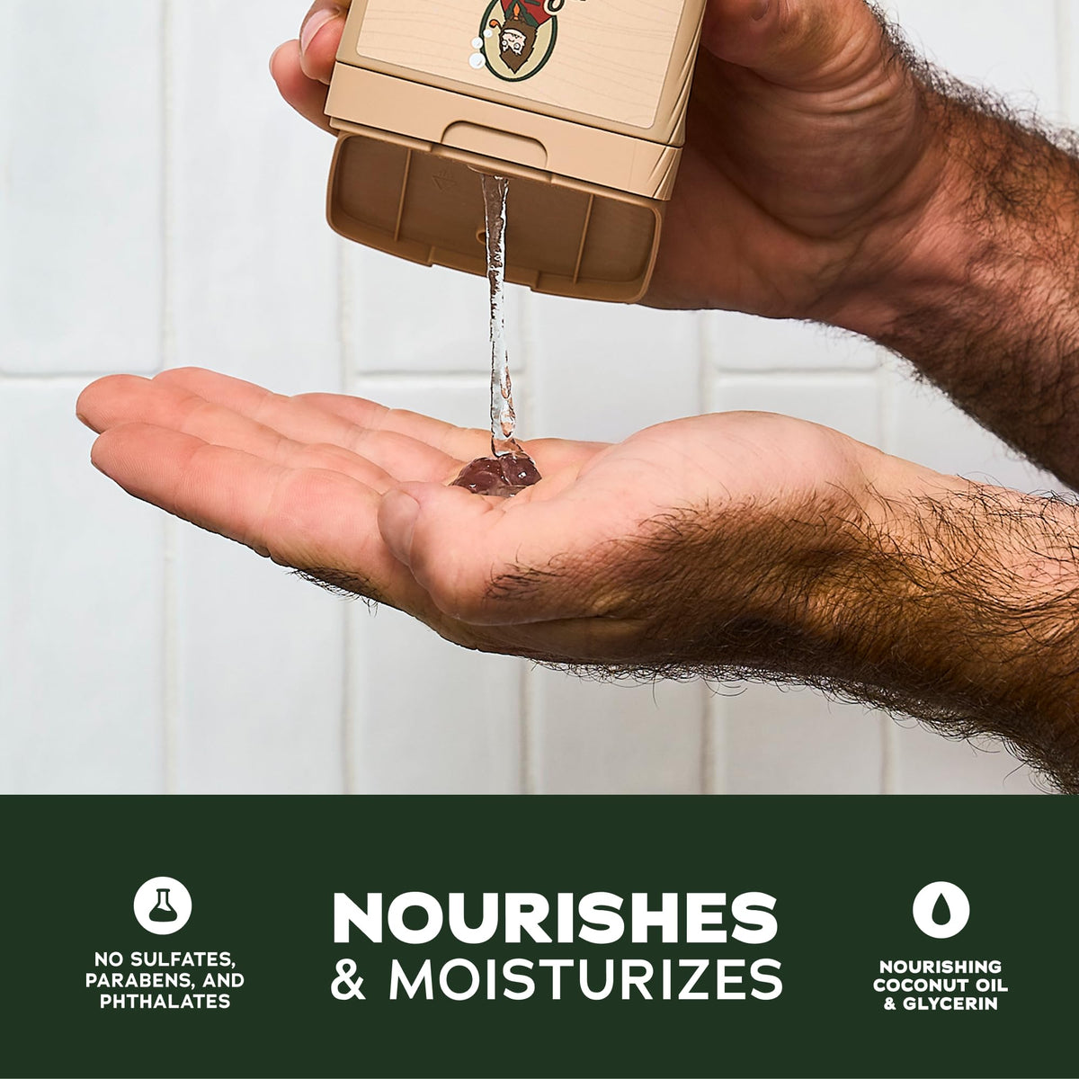 Dr. Squatch pump dispenser close-up highlighting easy use and clean label