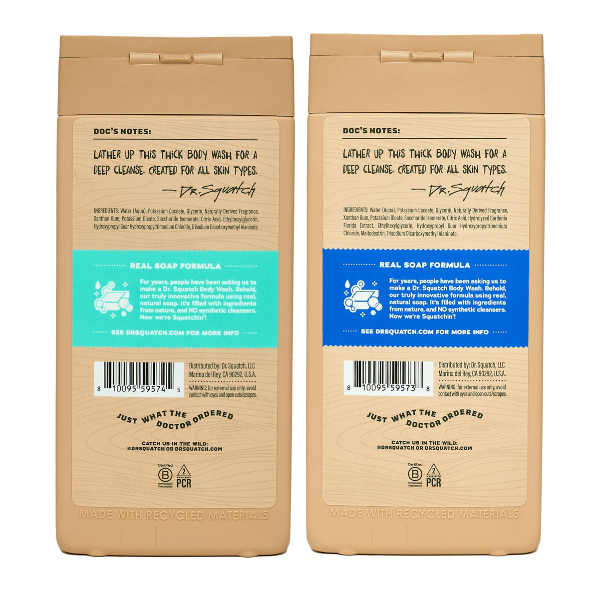 Dr. Squatch pump nozzle and label close-up highlighting ingredients and scent names