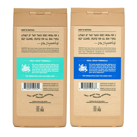 Dr. Squatch pump nozzle and label close-up highlighting ingredients and scent names